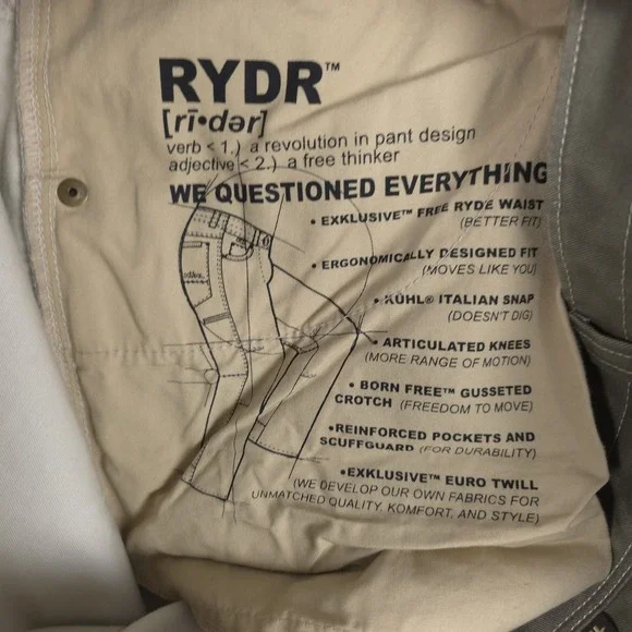 Kuhl Rydr Pants Mens 36x32 (Fits 36x32) Patina Dye Khaki Canvas Hiking Outdoor